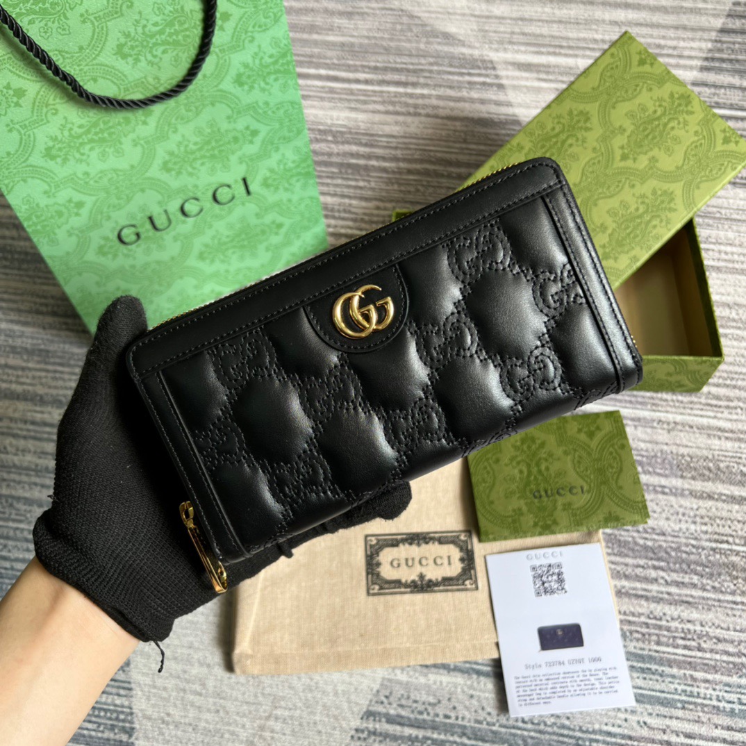 Gvc*1 GG Matelassé Zip-Around Wallet Black For Women‎ 723784 UM8IG 1000 7.6 in/ 19.5 cm