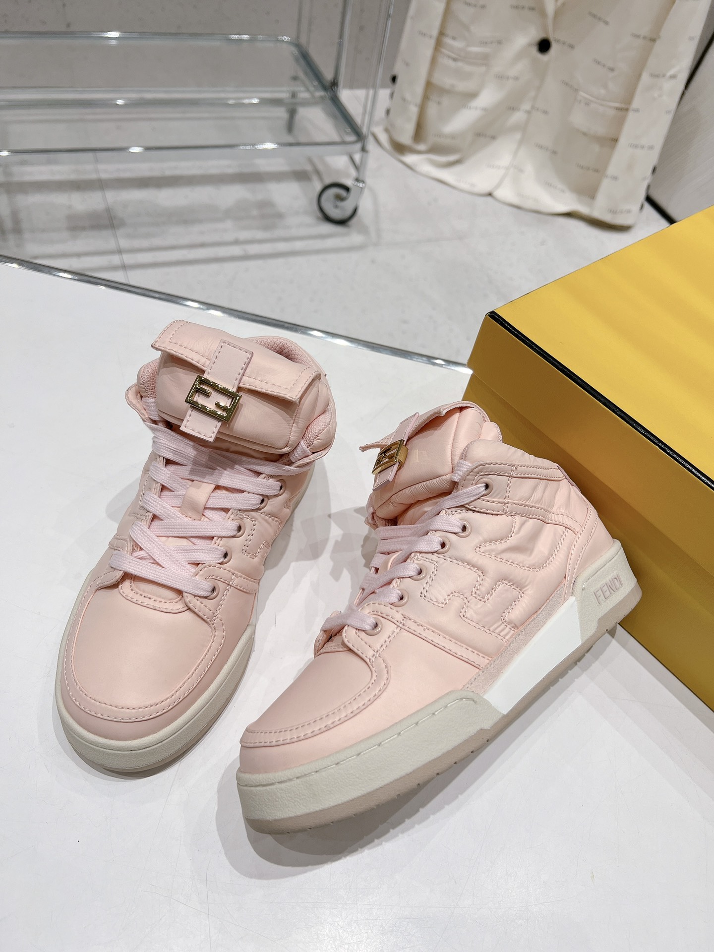 FD F**di Match Lace-Up High-Top Sneakers Pink For Women 8E8380ALIRF1JG9