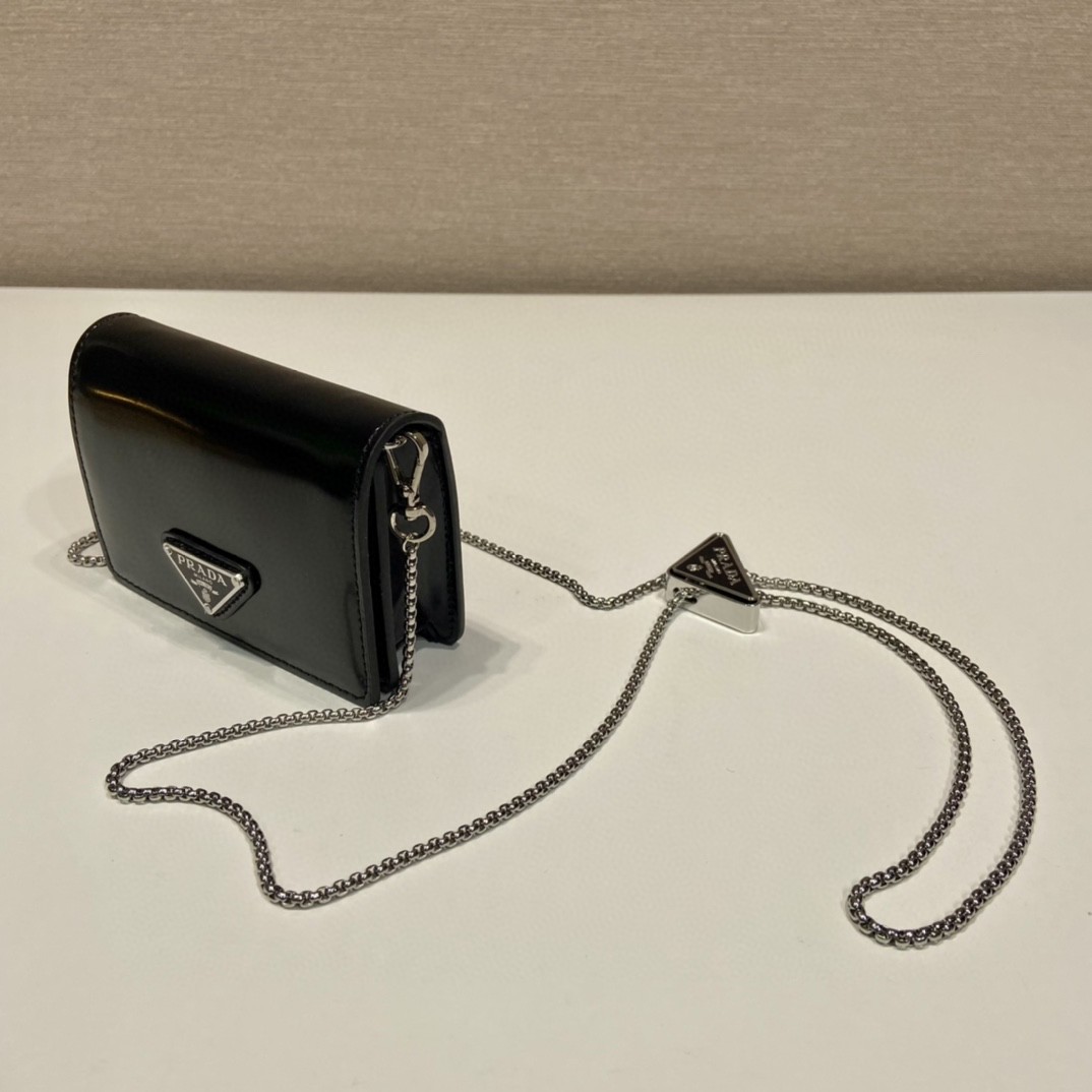 Pra*a Brushed Card Holder With Shoulder Strap Gold Tone/ Black For Women 4.5 in / 11.5 cm 1MR028_2CLE_F0522