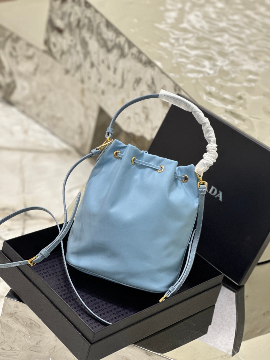 Pra*a Duet Bucket Shoulder Bag Black/Blue For Women 8.6 in / 22.5 cm 1BH038_RV44_F0002_V_UOO