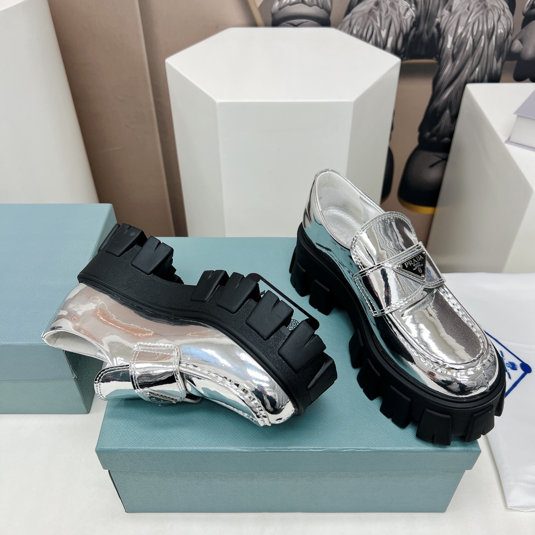 Pra*a Monolith Ombré Brushed Loafers Sliver Tone For Women 2.1 in/ 5.5cm