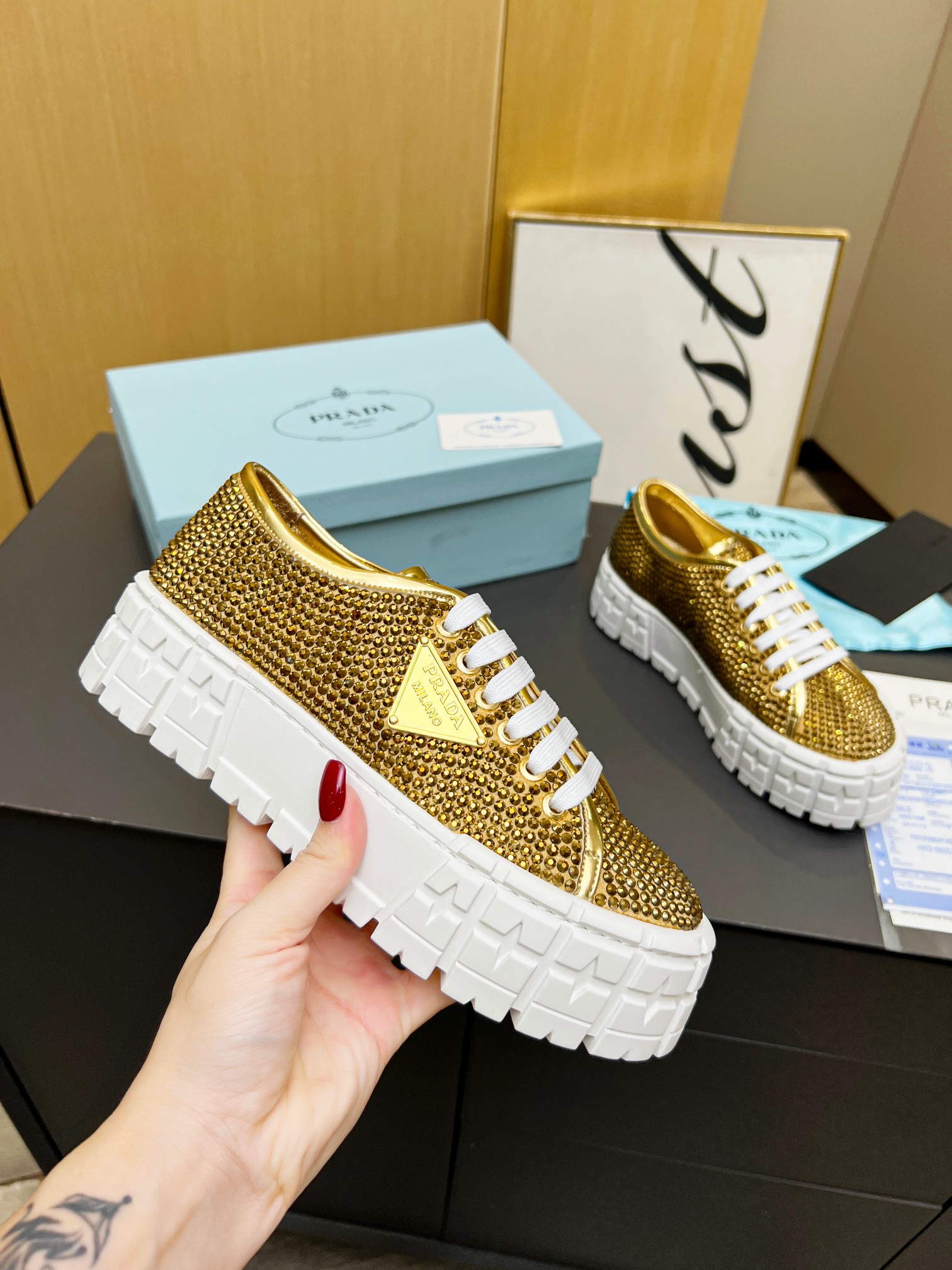 Pra*a Sneakers With Crystals Gold Tone For Women 1.9 in/ 5 cm 1E019N_2AWL_F0522_F_050