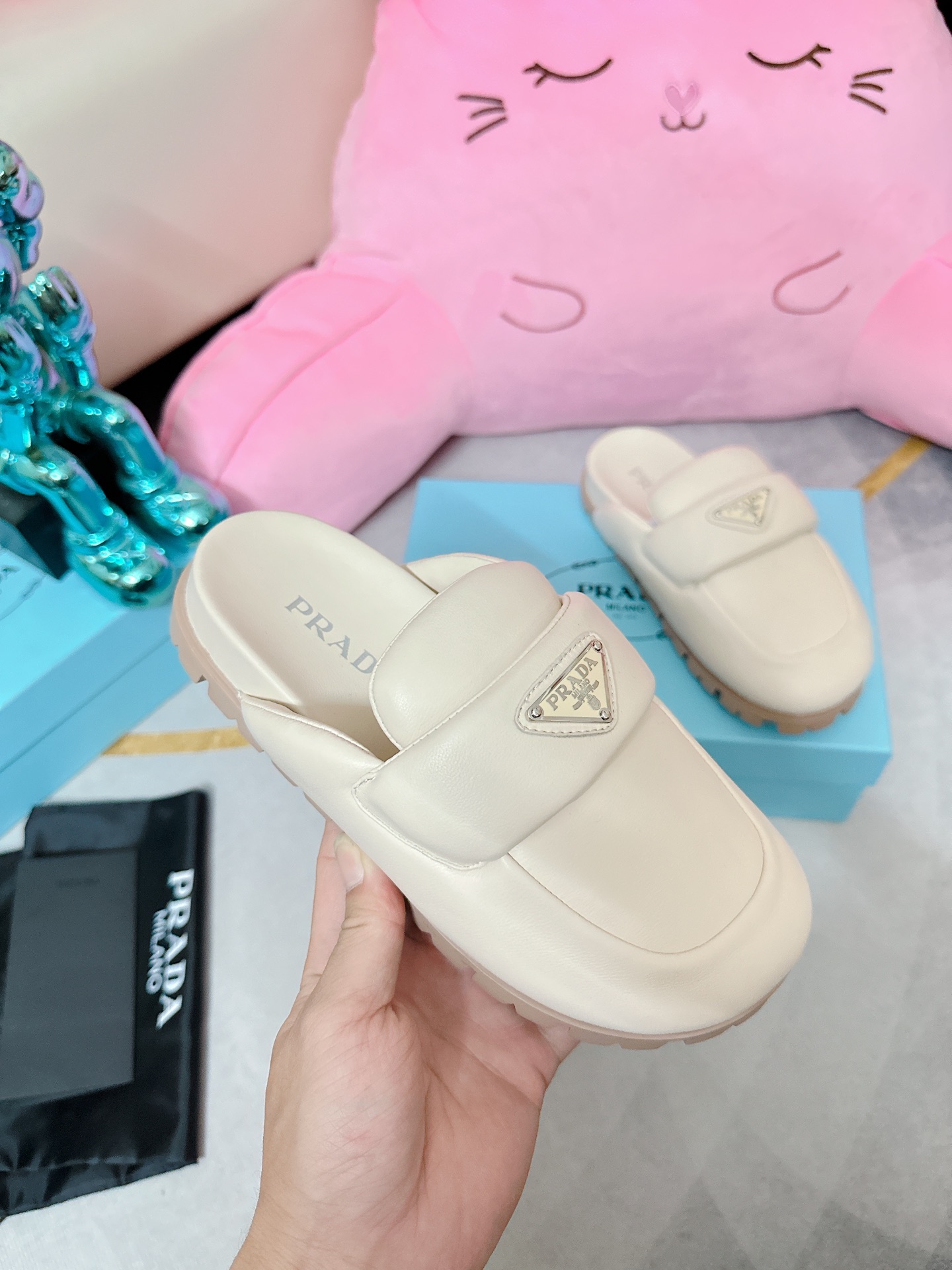 Pra*a Soft Padded Nappa Sabots Beige For Women 0.8 in/ 2cm 1S084N_2DL8_F0F24_F_020