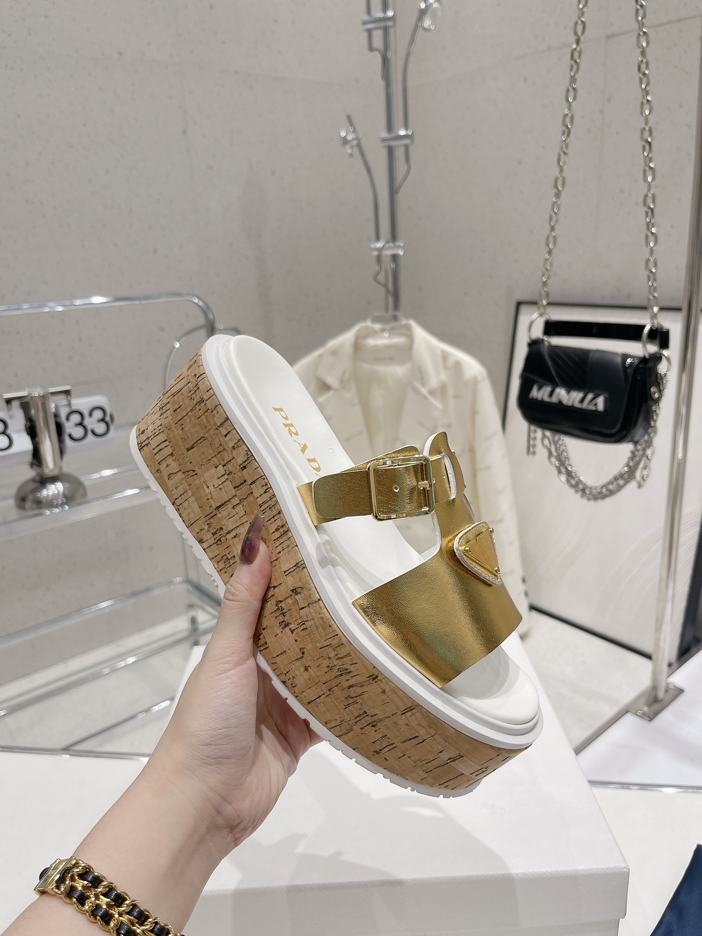 Pra*a Wedge Platform Sandals Gold Tone For Women 2.9 in/ 7.5 cm