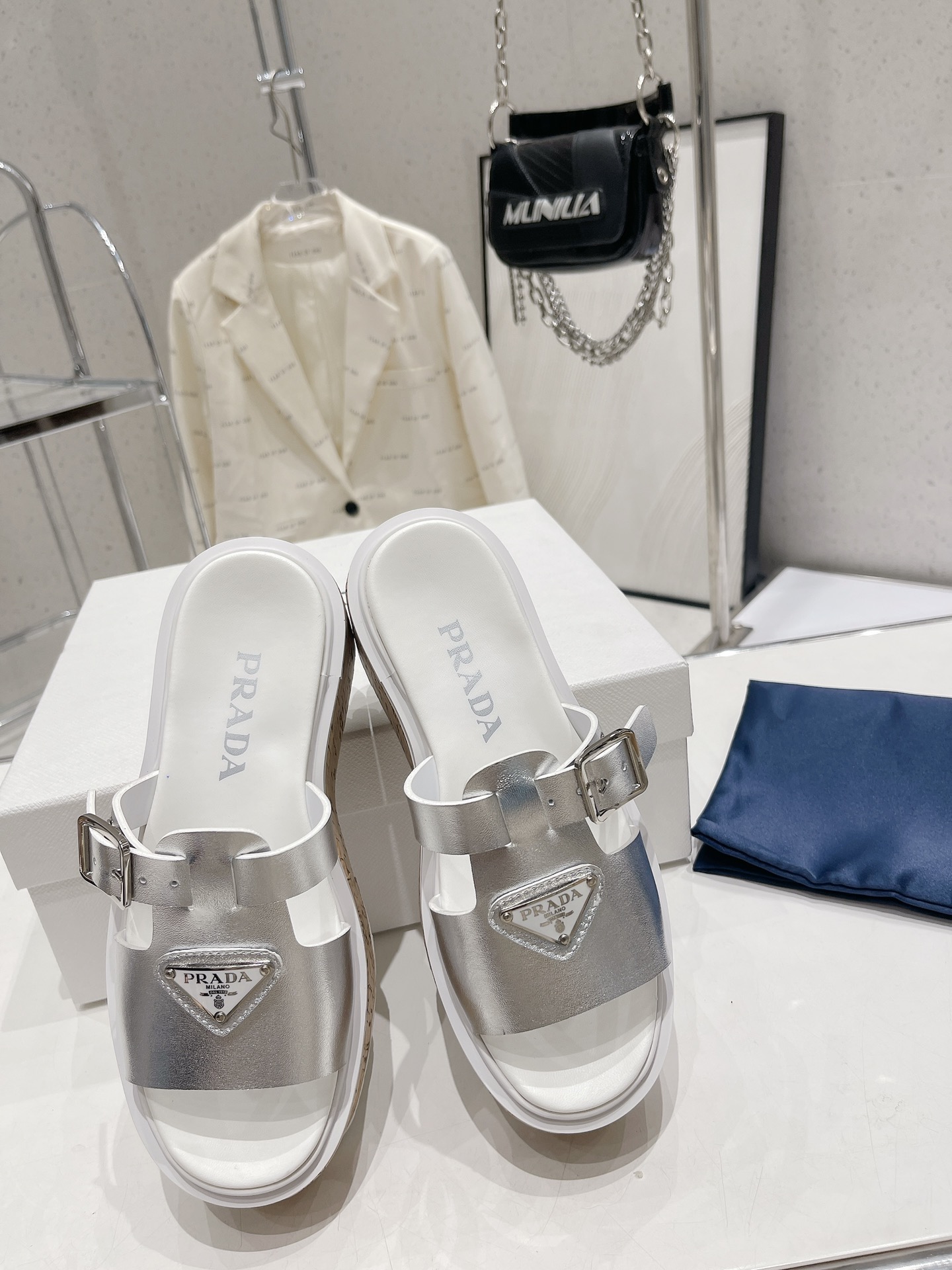 Pra*a Wedge Platform Sandals Sliver Tone For Women 2.9 in/ 7.5 cm