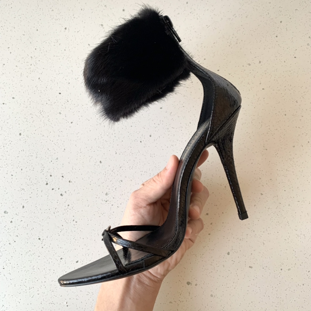 Sa1nt Lau*nt 110mm Faux Fur Ankle-Cuff Sandals Black For Women