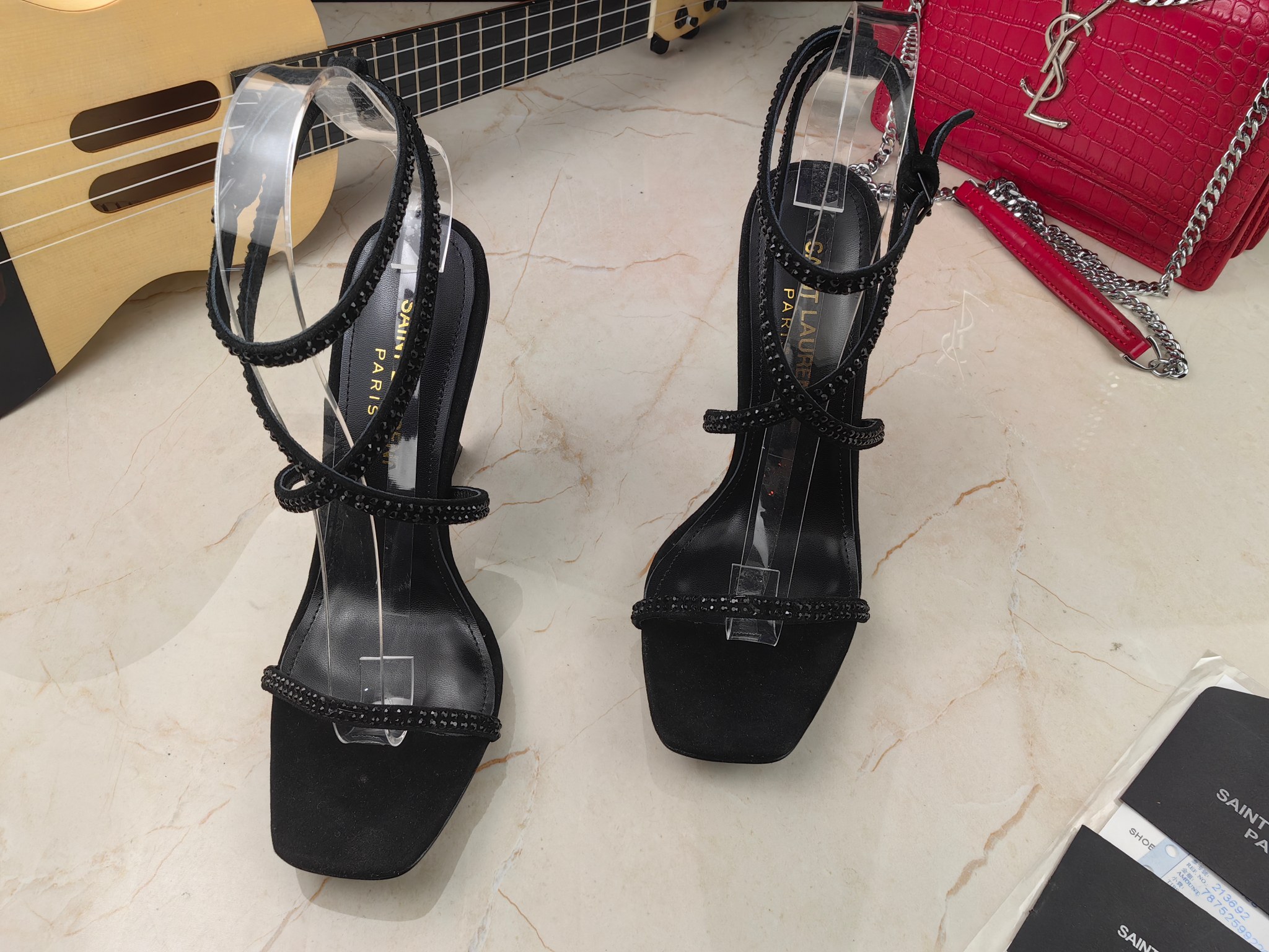 Sa1nt Lau*nt Opyum Sandals In Crepe Satin And Rhinestones Black For Women 7323391UUAV1012