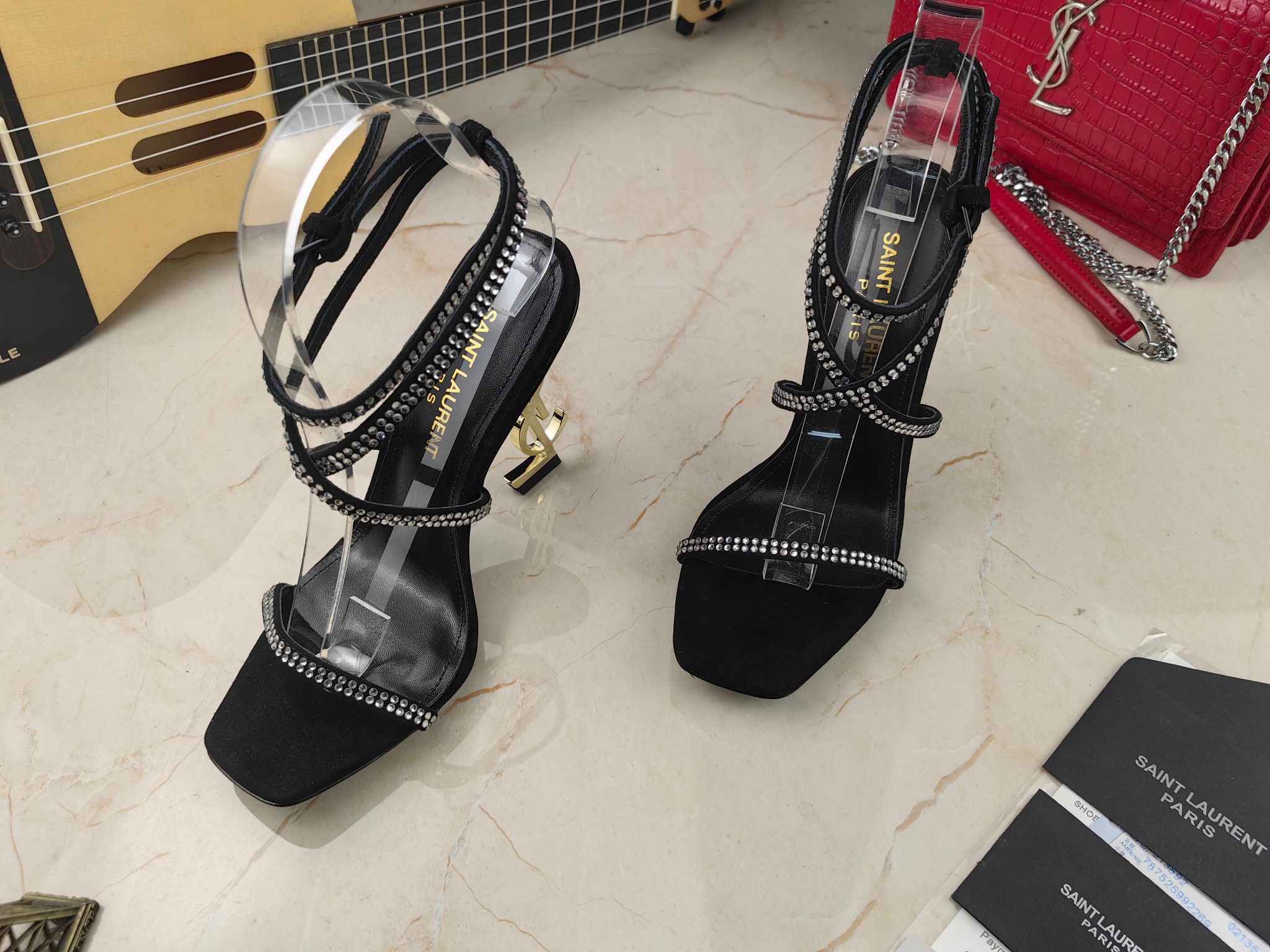 Sa1nt Lau*nt Opyum Sandals In Crepe Satin And Rhinestones Black For Women