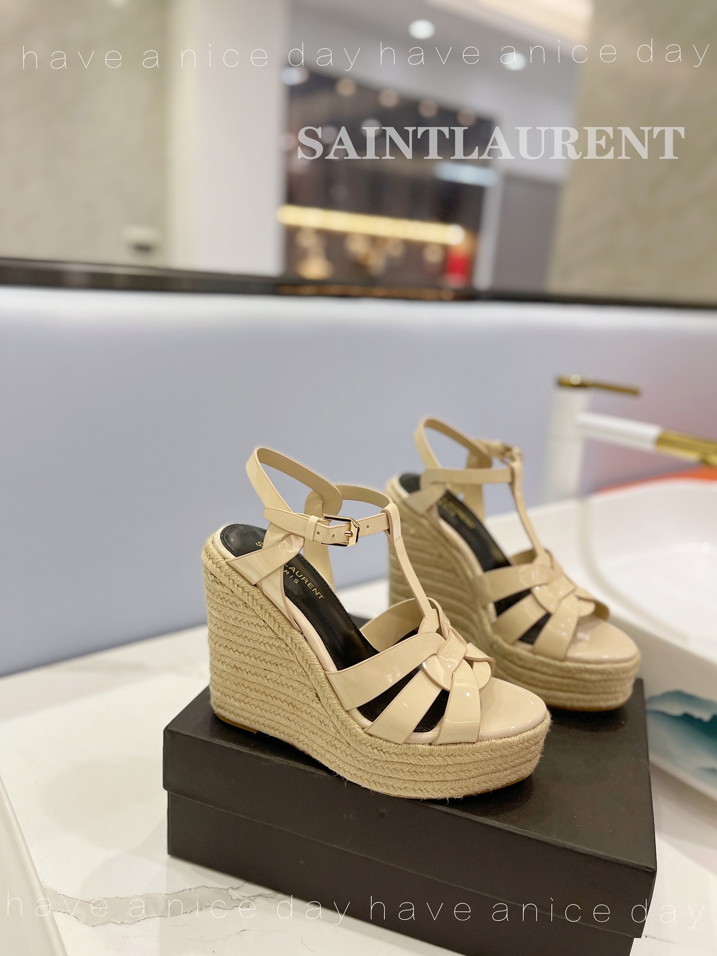 Sa1nt Lau*nt Tribute Espadrilles In Patent Beige For Women