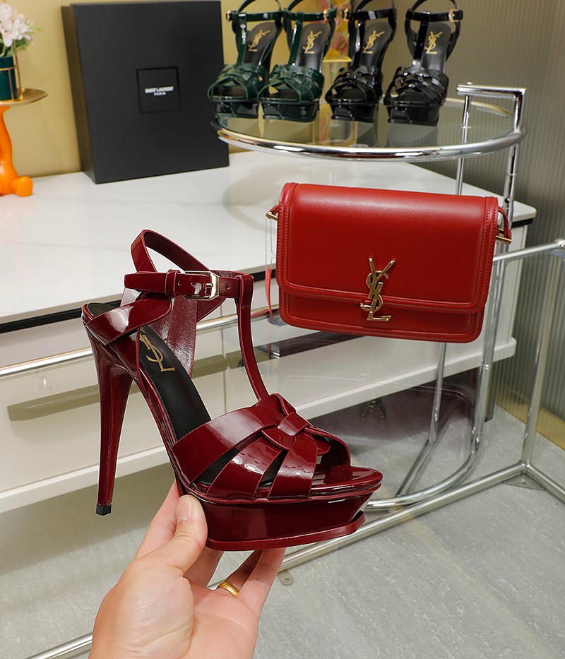 Sa1nt Lau*nt Tribute Platform Sandals In Smooth Burgundy For Women