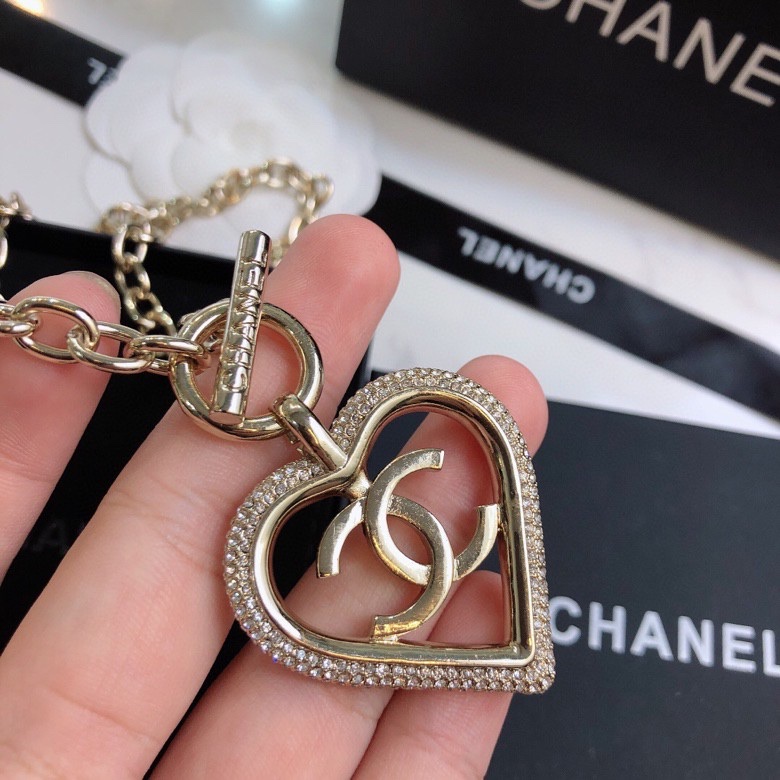 Ch**el Big Heart Frame Necklace Gold Tone For Women