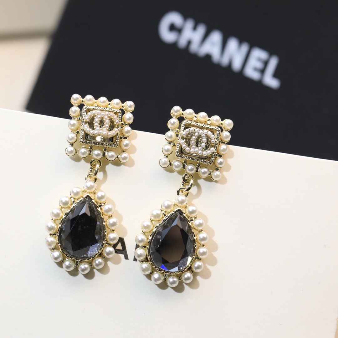 Ch**el Black Twinkle Stone Earrings Gold Tone For Women