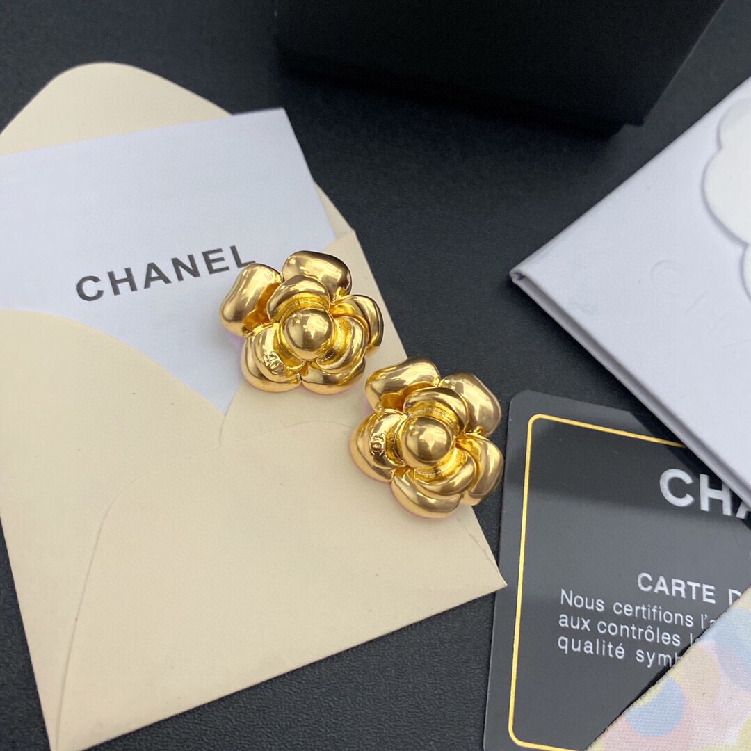 Ch**el Camellia Stud Earrings Gold For Women