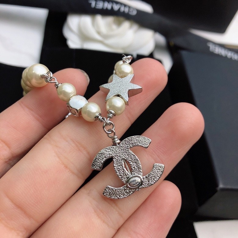 Ch**el Dangling Douple C Pearl Chain Bracelet Silver Tone For Women