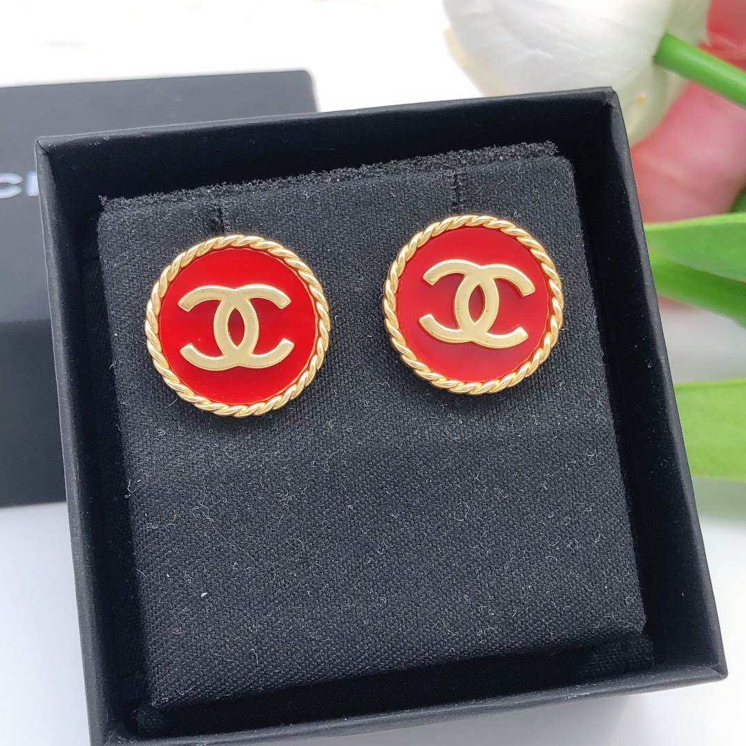 Ch**el Double C Round Earrings Red For Women