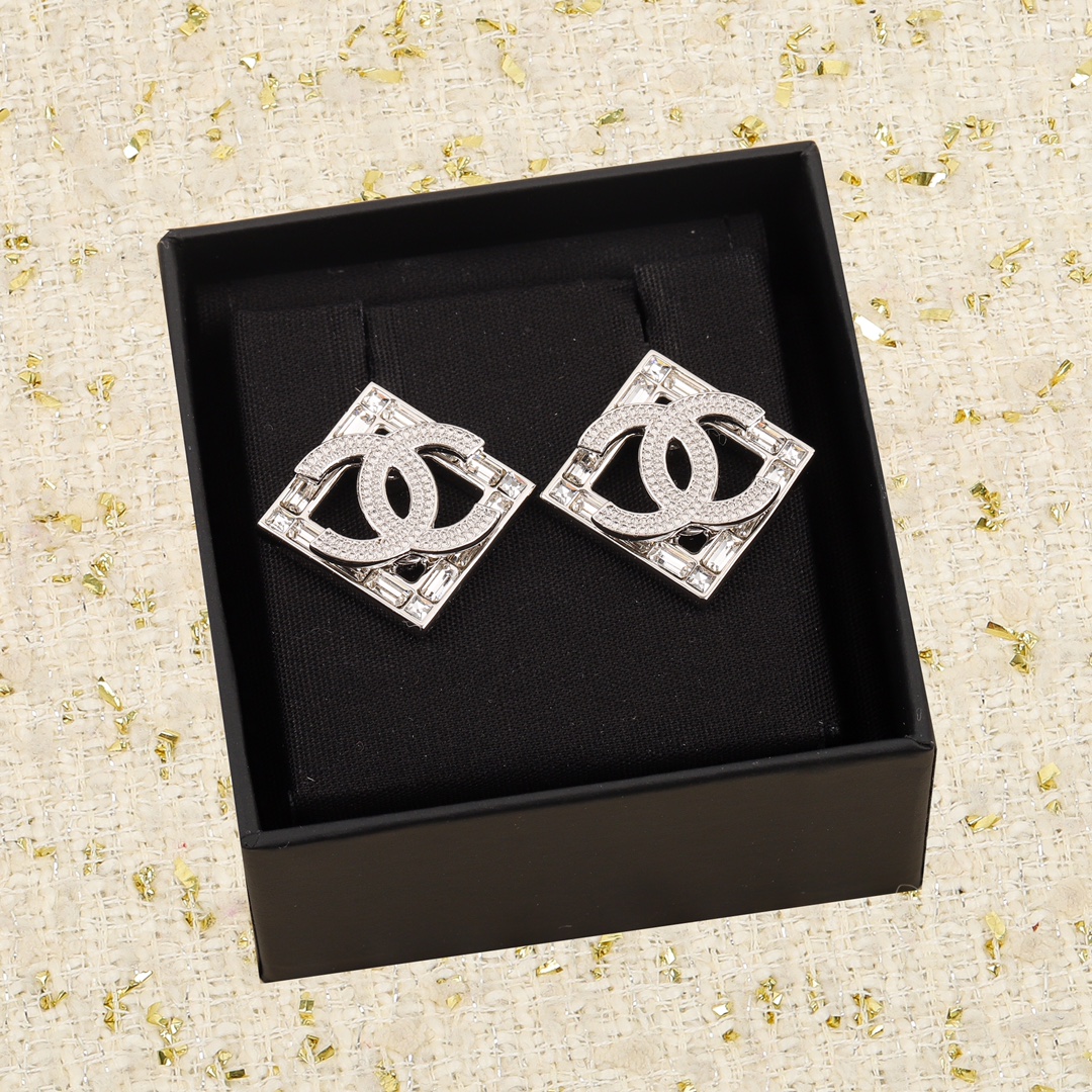 Ch**el Double C Square Earrings Silver For Women