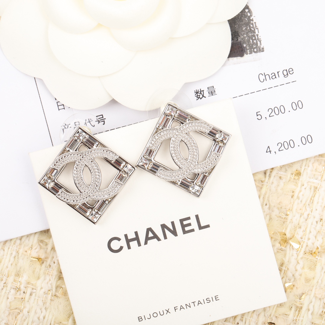 Ch**el Double C Square Earrings Silver For Women