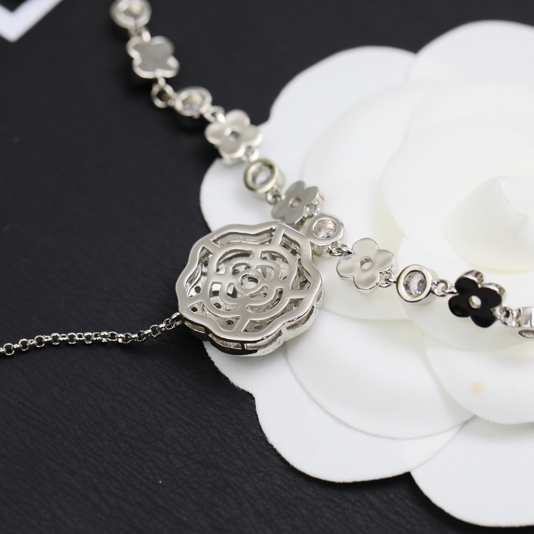 Ch**el Hollow Camellia Necklace Silver For Women