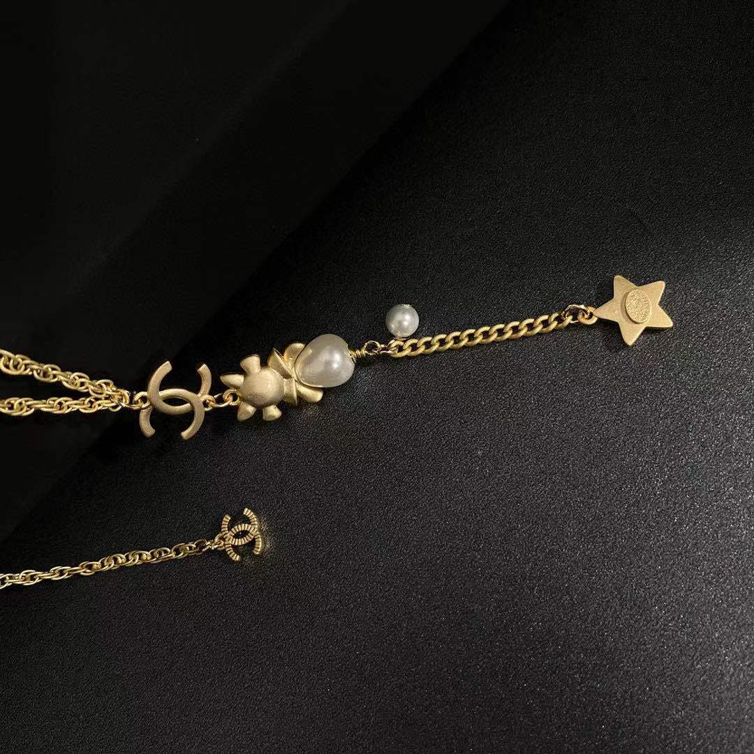 Ch**el Long Necklace With Pearl And Black Star Gold Tone For Women