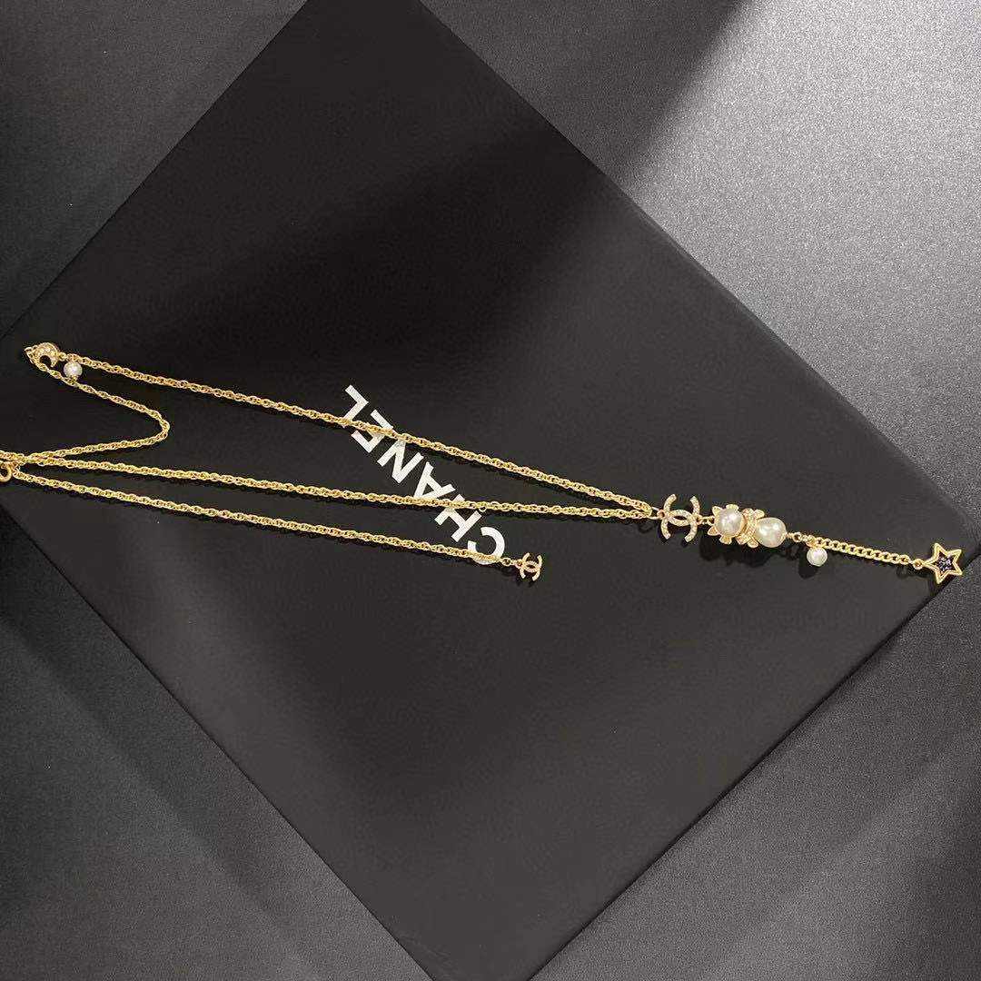 Ch**el Long Necklace With Pearl And Black Star Gold Tone For Women