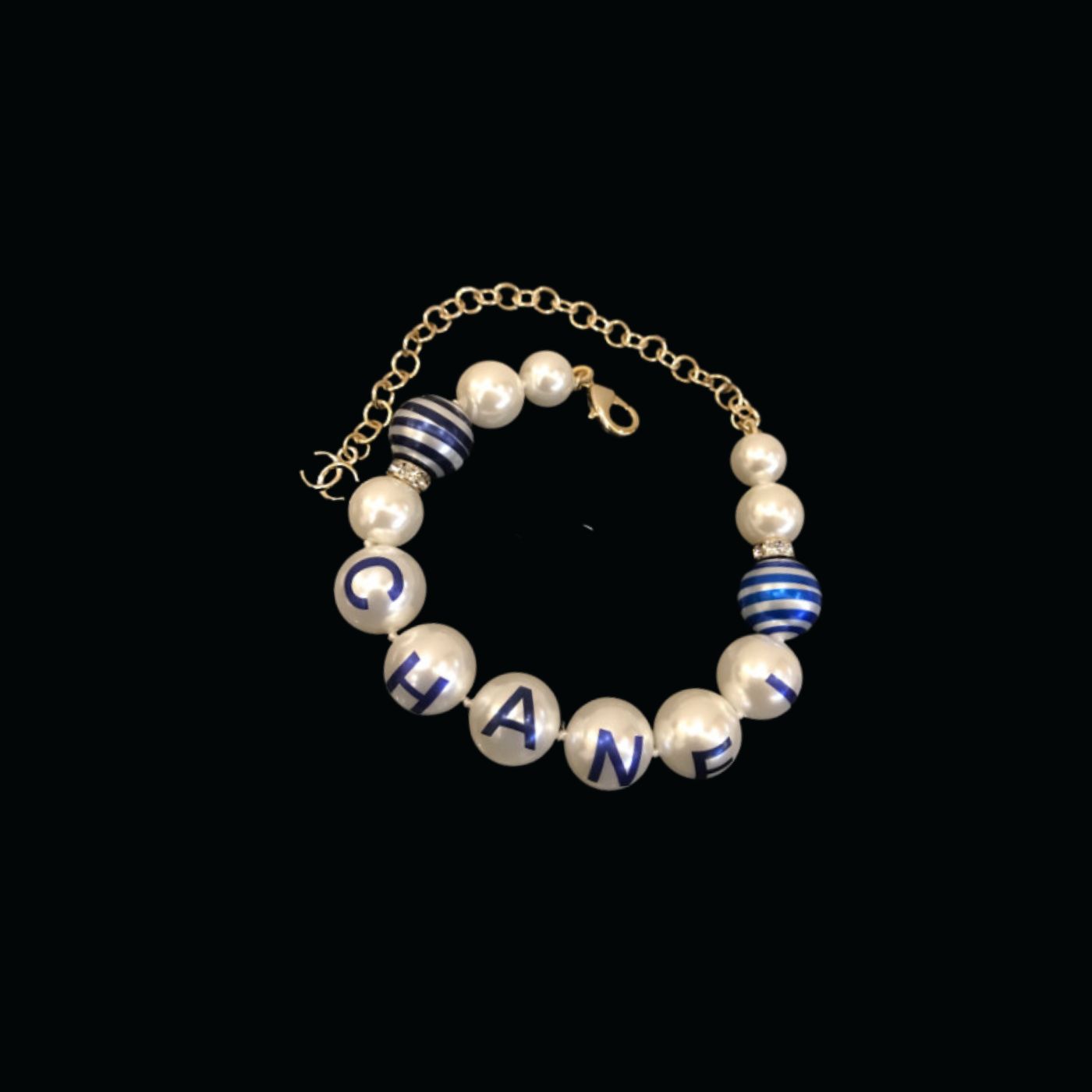 Ch**el Printed Blue C-H-A-N-E-L Bracelet Gold Tone For Women