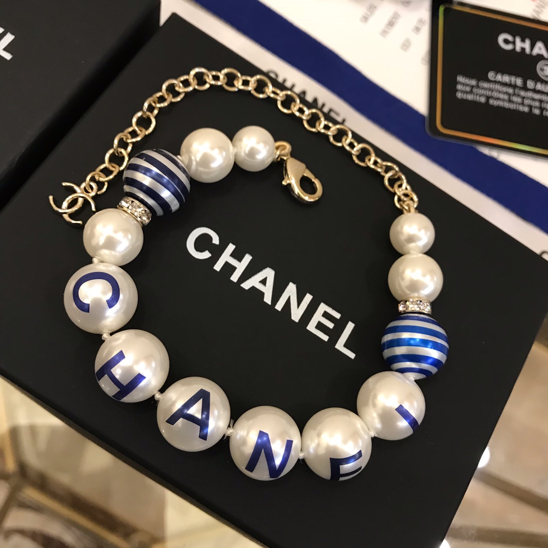 Ch**el Printed Blue C-H-A-N-E-L Bracelet Gold Tone For Women