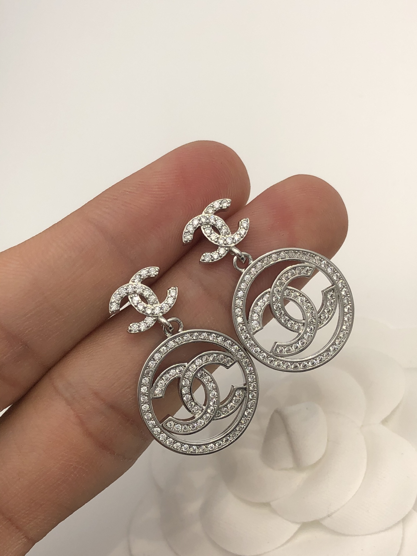 Ch**el Round Double C Earrings Silver For Women