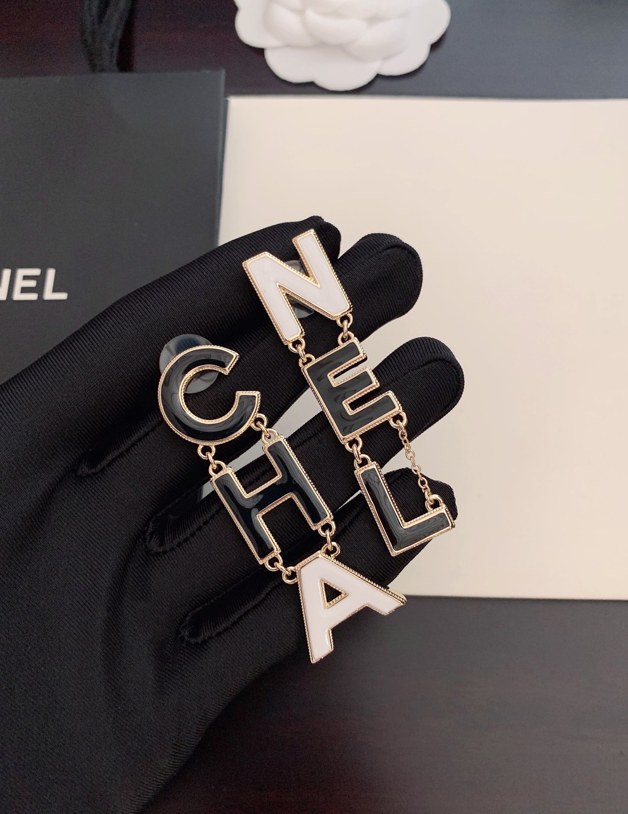 Ch**el Six Letter Earrings Black For Women