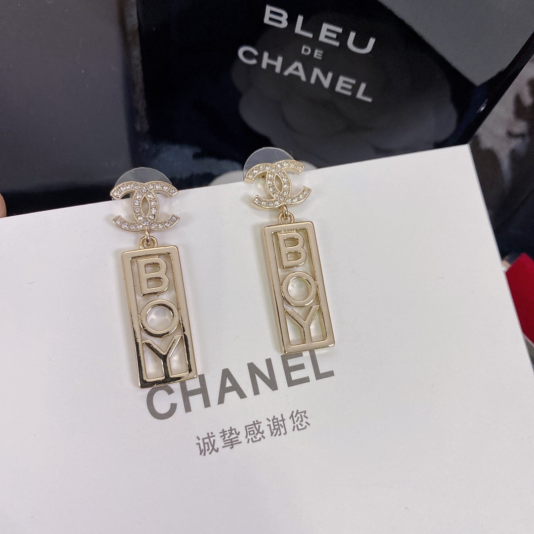 Ch**el Strass CC BOY Drop Earrings Gold For Women
