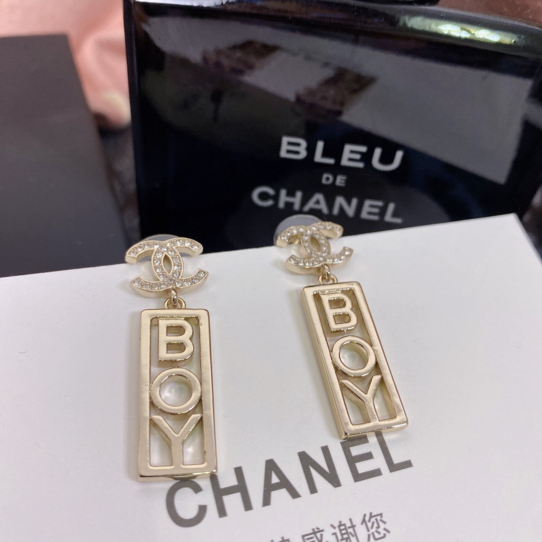 Ch**el Strass CC BOY Drop Earrings Gold For Women