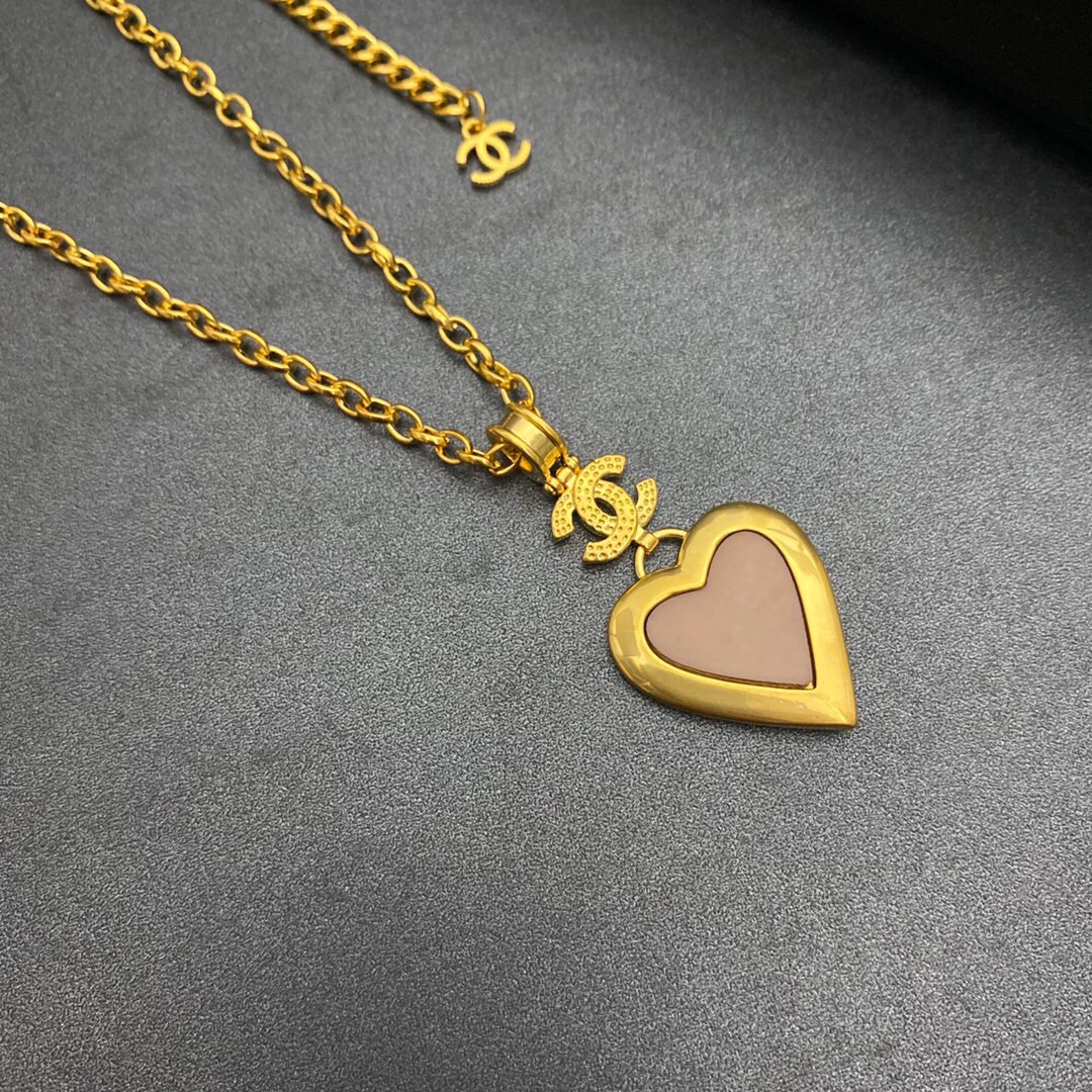 Ch**el Yellow Thick Border Heart Necklace Gold Tone For Women