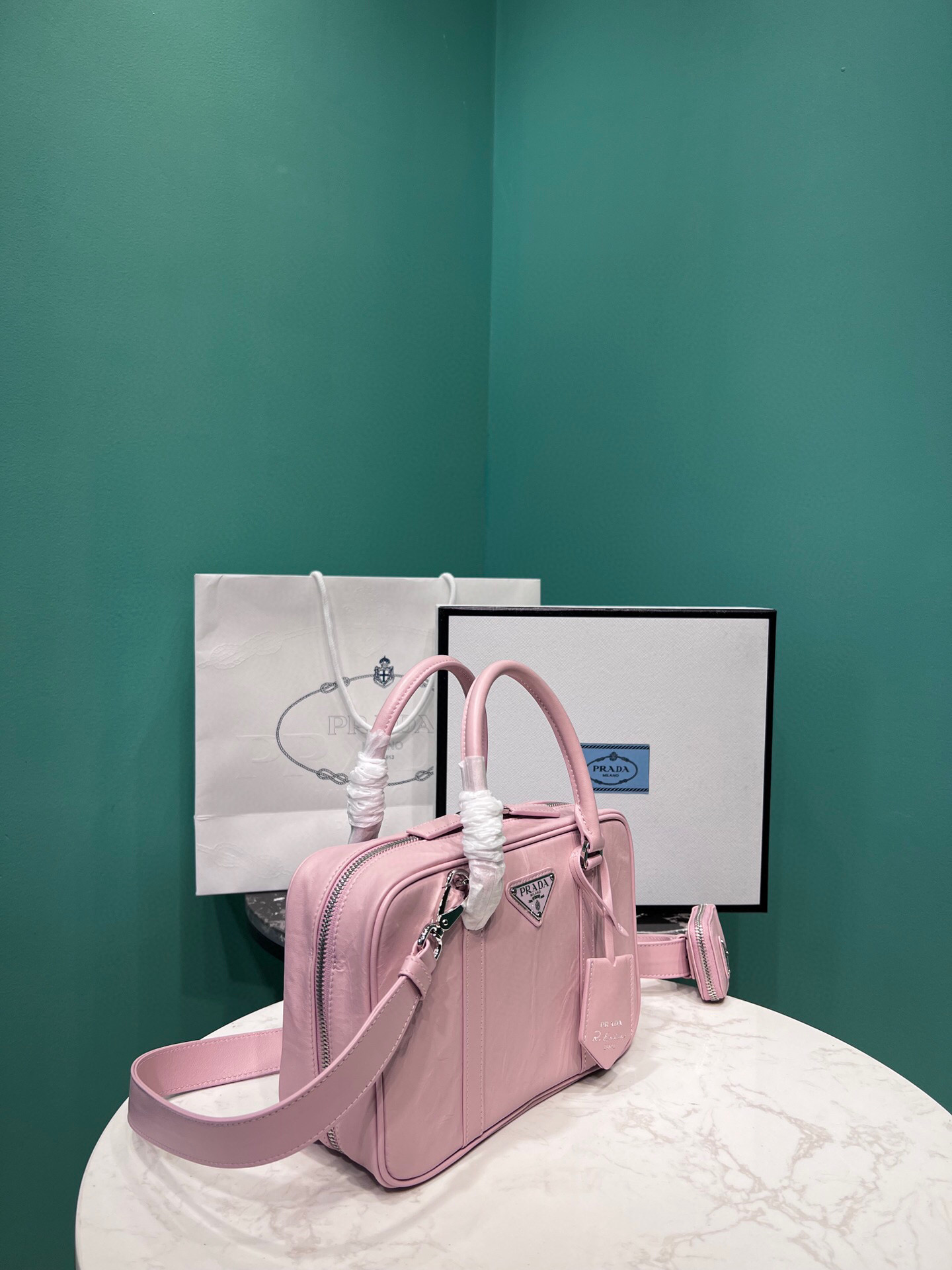 Pra*a Medium Antique Nappa Top Handle Bag In Green/Pink For Women 9.5 in/ 24cm 1BB092_UVL_F0092_V_T2O