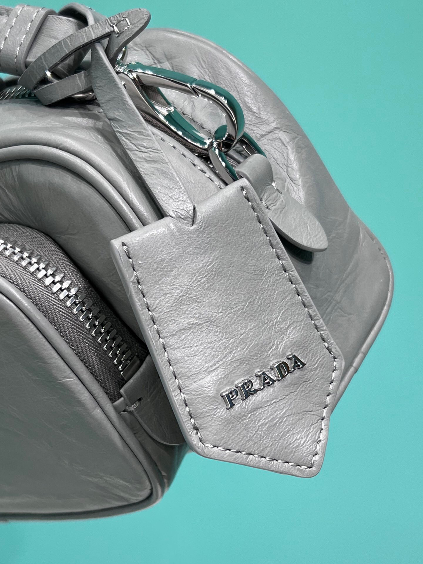 Pra*a Nappa Antique Multi-Pocket Shoulder Bag In Grey/Black/Pink For Women 8.6 in/ 22cm 1BH198_UVL_F0480_V_4OO