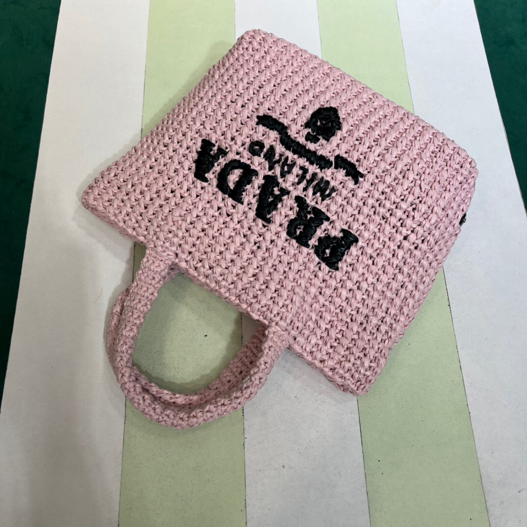 [True-to-ORIGINAL] Pra*a Small Raffia Tote Bag In Pink For Women 9.4 in/24cm 1BG422_2A2T_F0E18_V_OOL