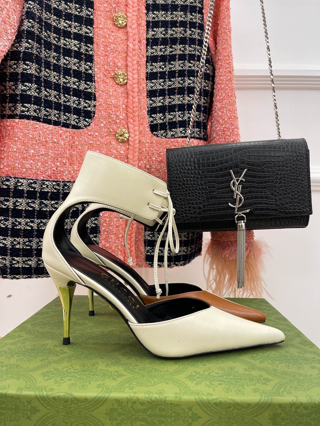 Gvc*1 High Heel Pump With Ankle Cuff White And Brown For Women ‎715146 BKO60 9057