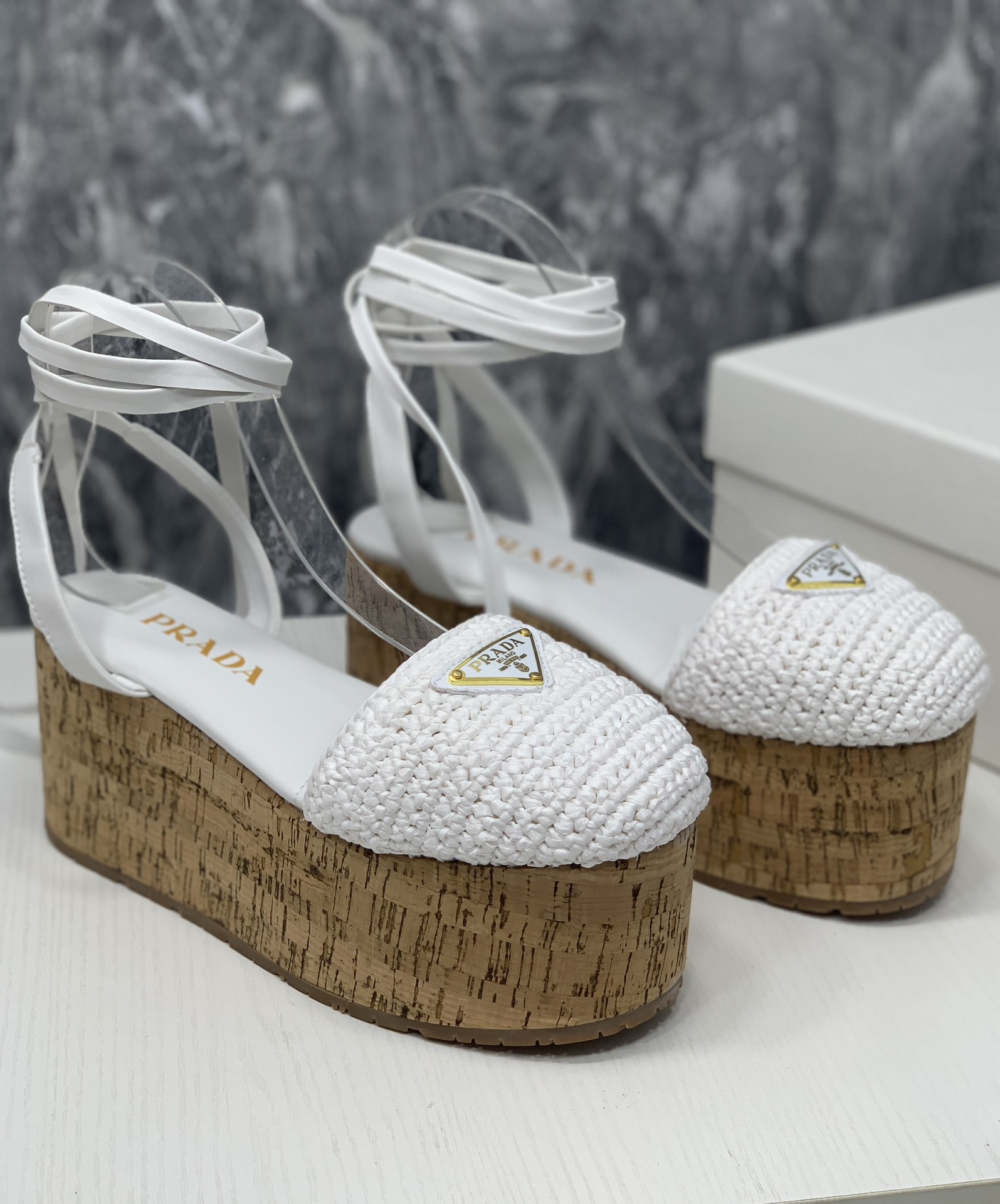 Pra*a Crochet Wedge Sandals White For Women