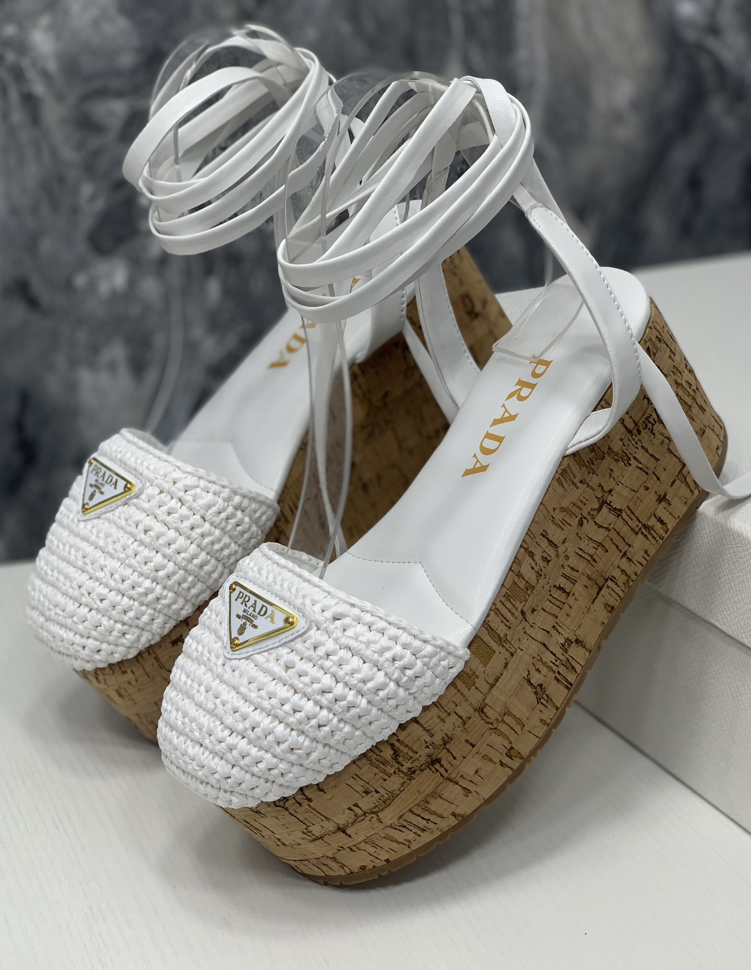 Pra*a Crochet Wedge Sandals White For Women