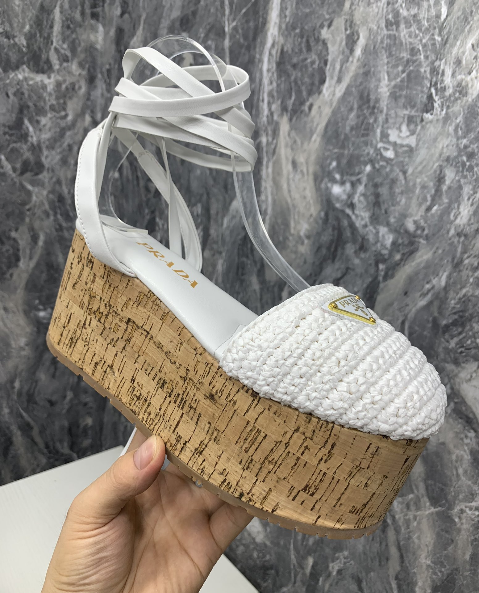 Pra*a Crochet Wedge Sandals White For Women