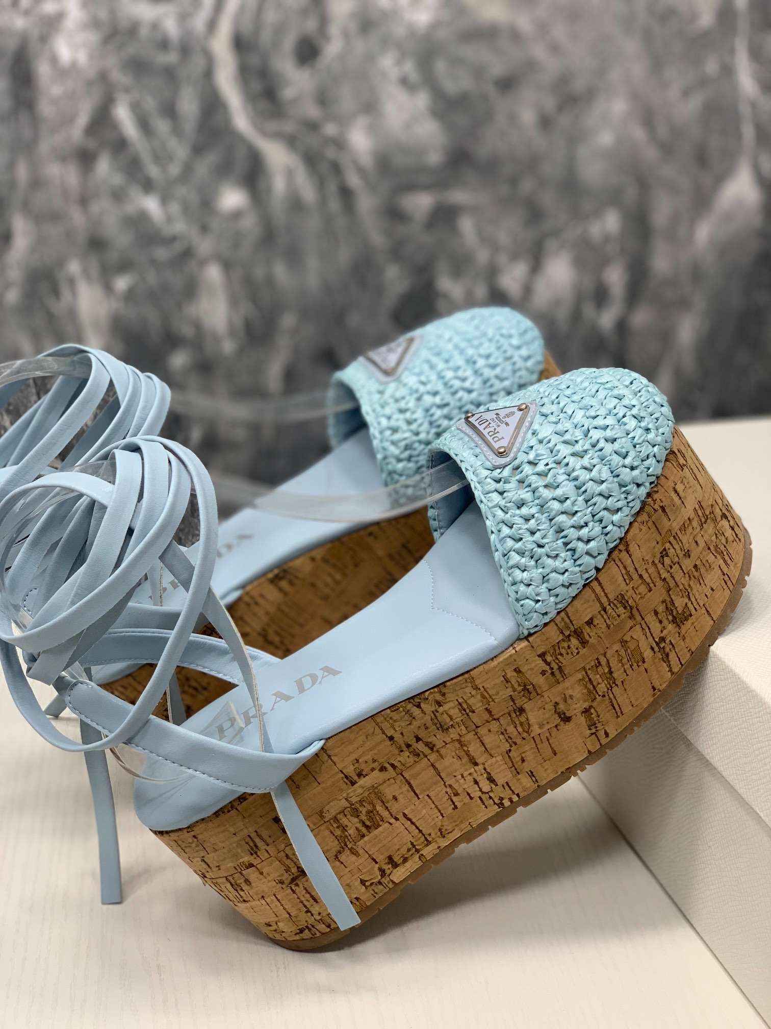 Pra*a Crochet Wedge Sandals Light Blue For Women