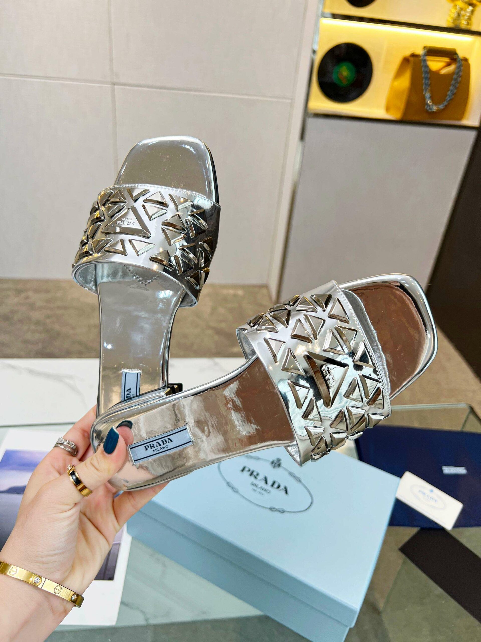 Pra*a Nappa Slides Silver For Women