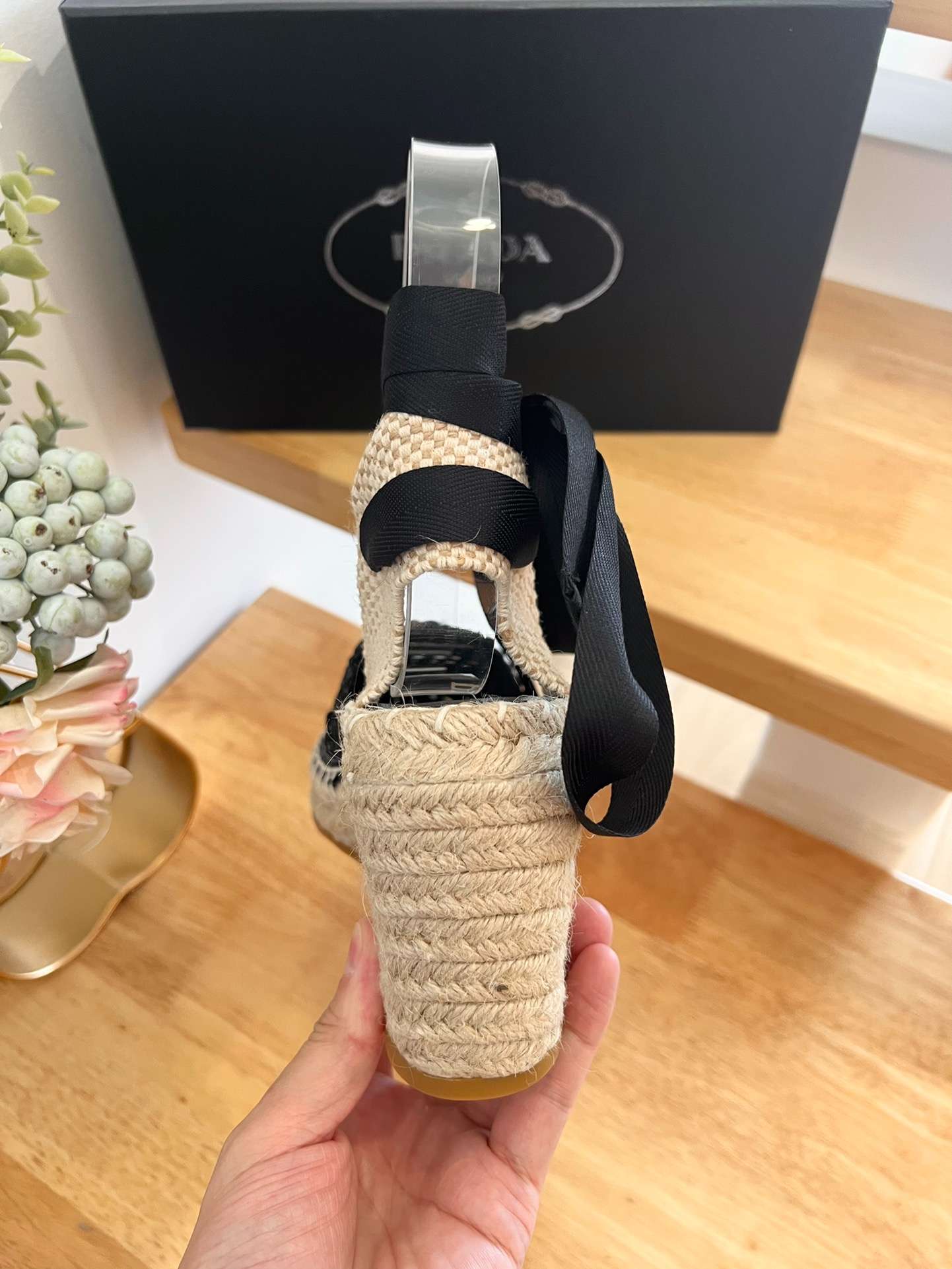 Linen Espadrille Wedge Sandals Black For Women