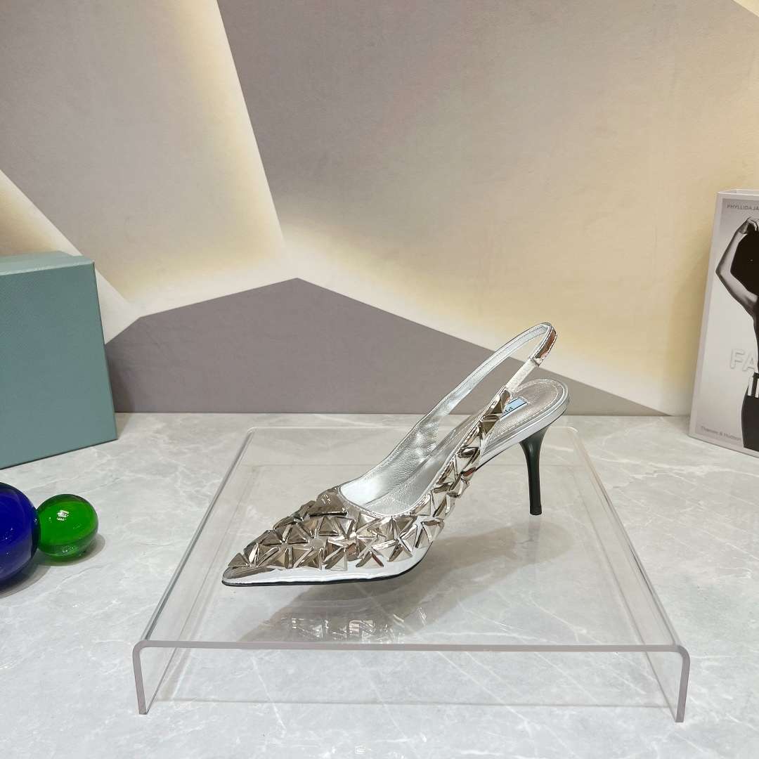 Pra*a Slingback Spike Pumps Silver For Women