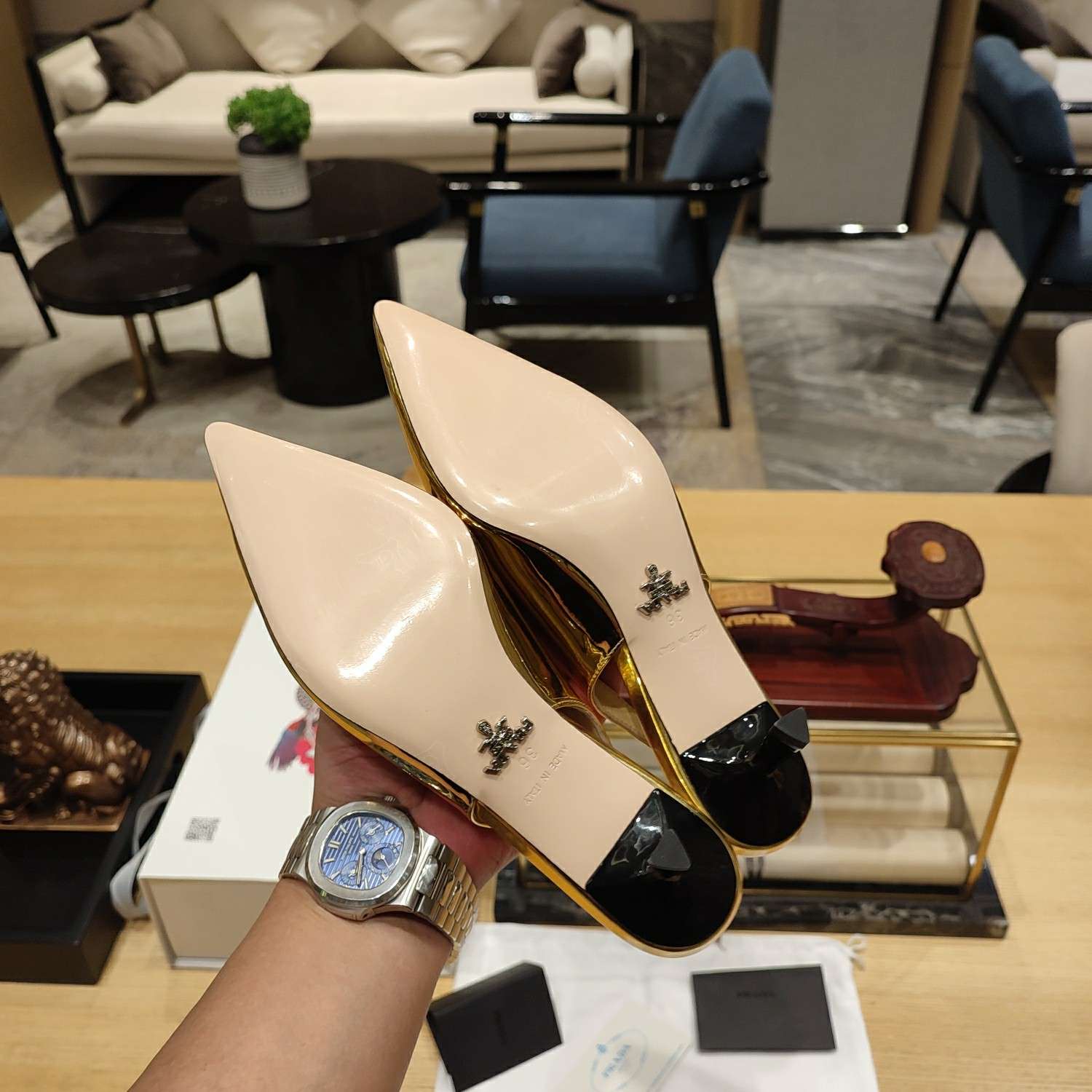 Pra*a Slingback Spike Pumps Gold For Women