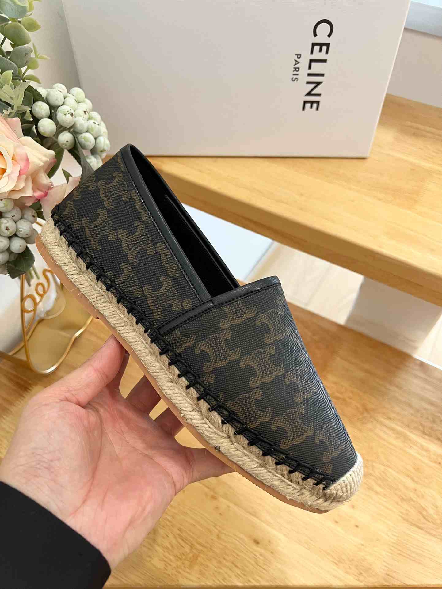 Ce1i*e Flat Espadrille With Triomphe Signature In Triomphe Canvas Black And Brown For Women