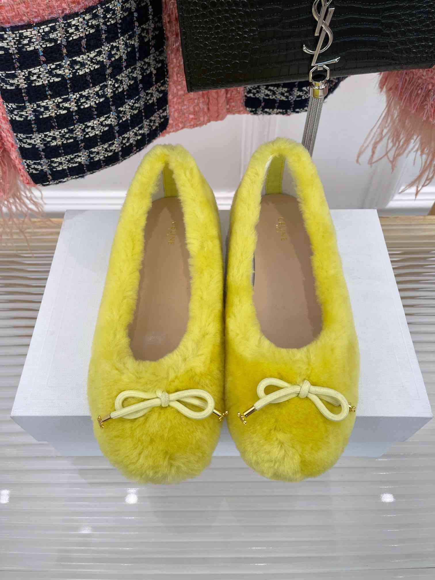 Ce1i*e Les Ballerines Ce1i*e Ballerina With Triomphe Laces And Fur Yellow For Women