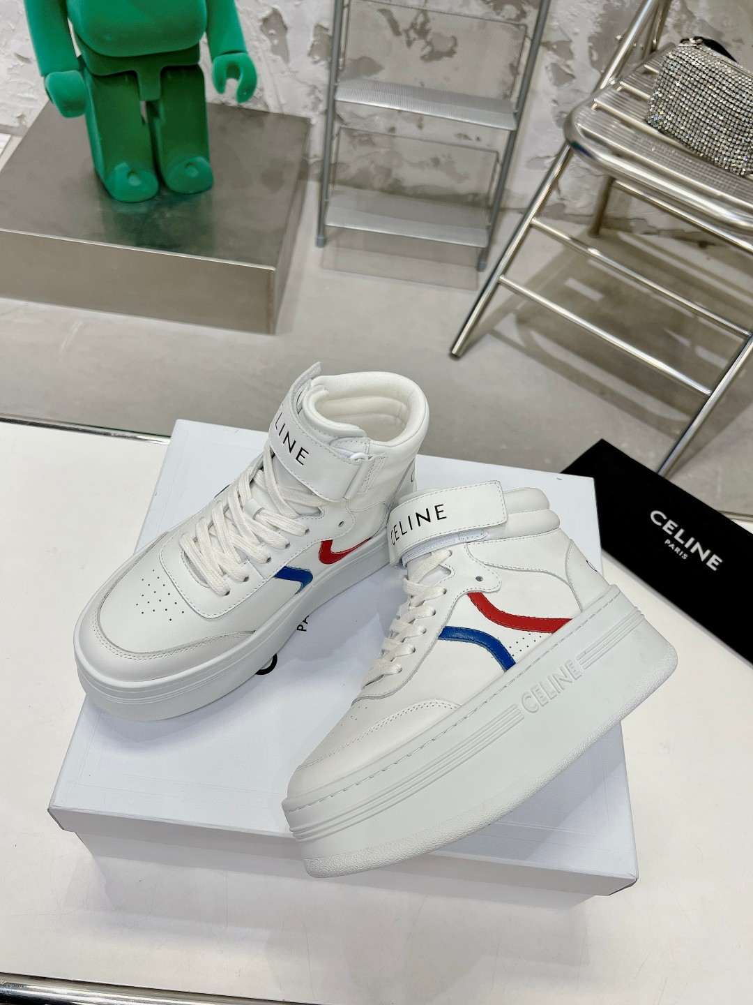 Ce1i*e Mid Block Sneakers With Velcro And Wedge White For Women 352163338C.01UR