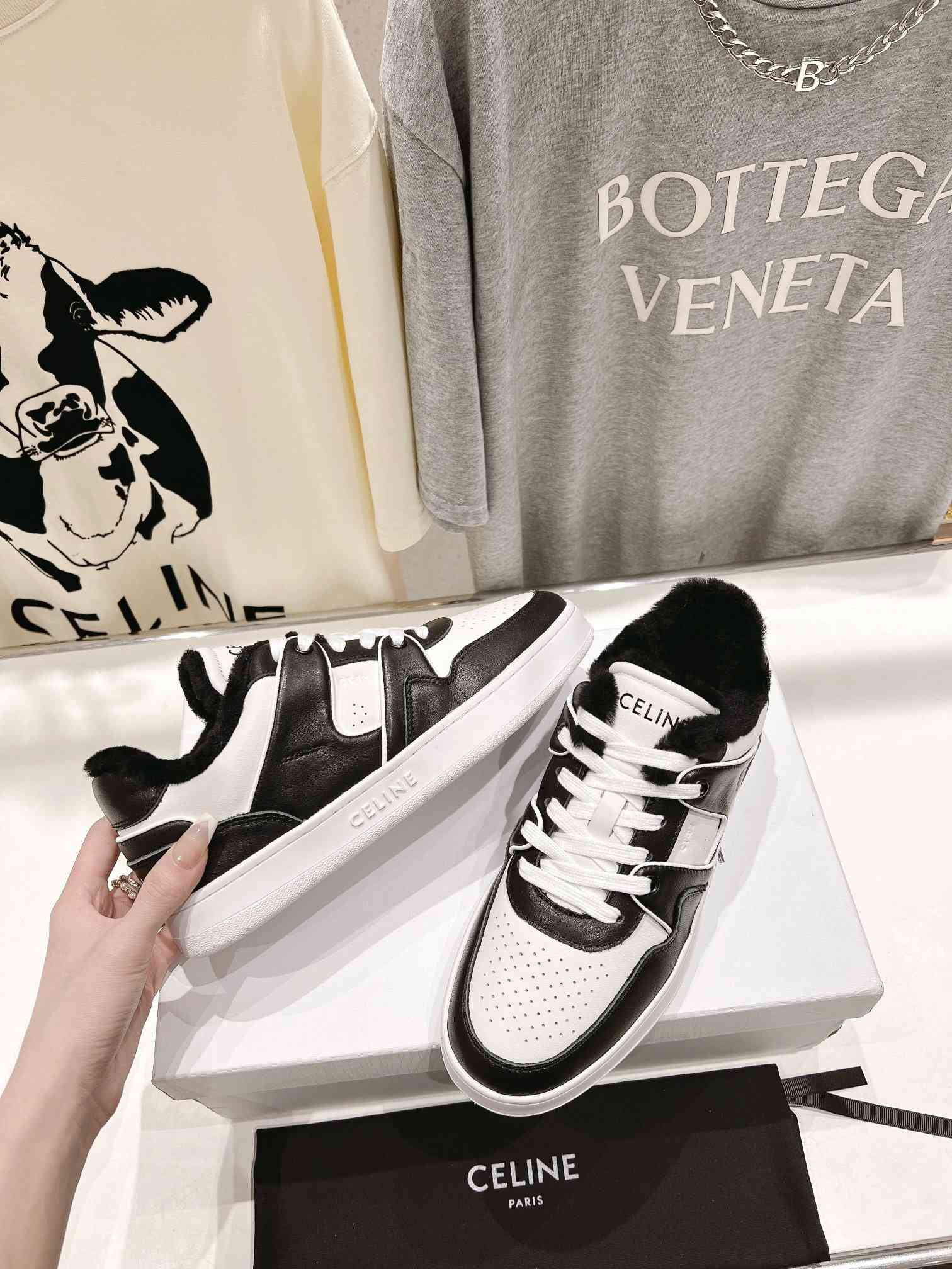 Ce1i*e Trainer Low Lace-Up Sneaker With Fur Black For Women