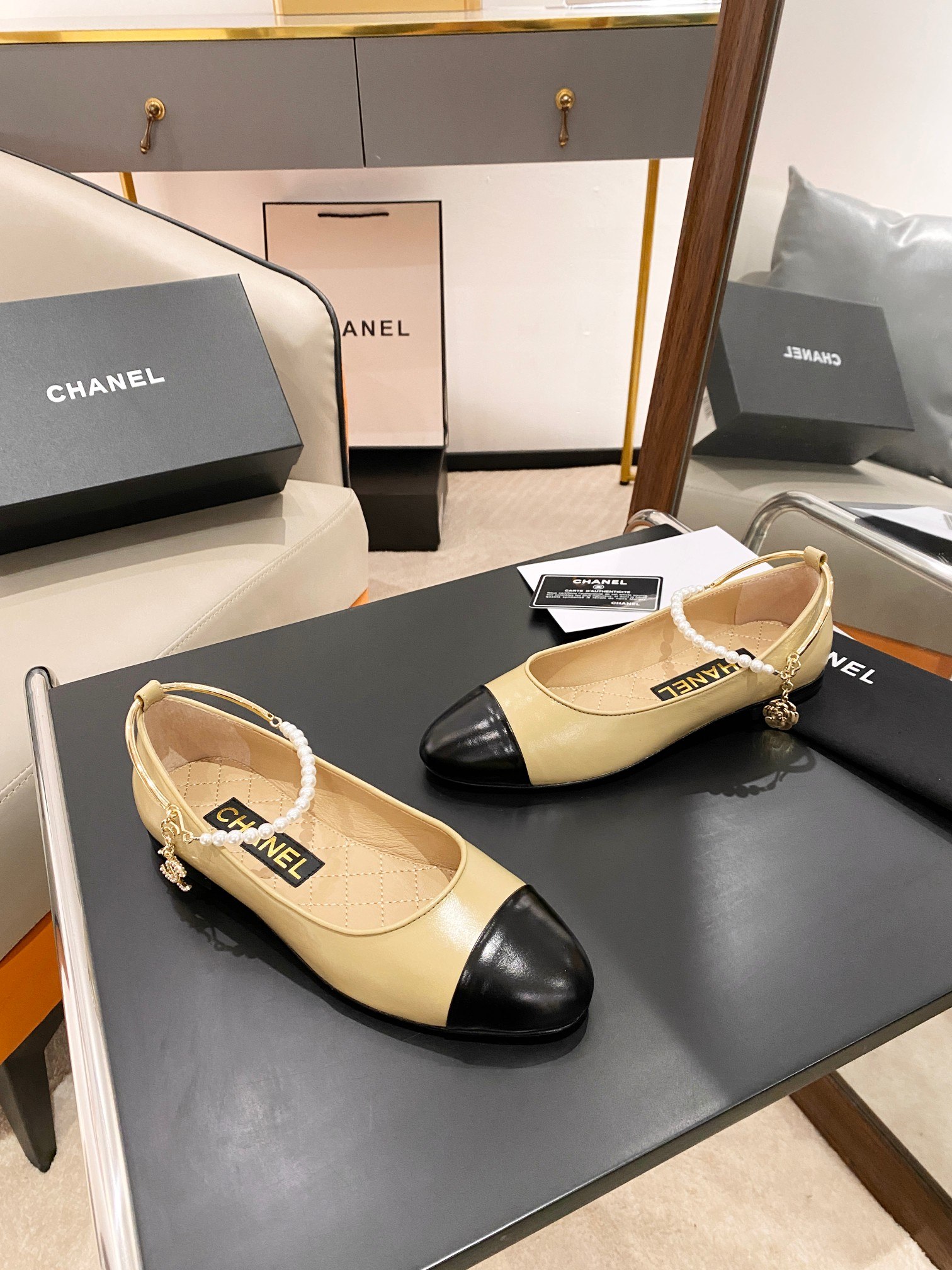 Ch**el Ballerina Logo Shoes Beige For Women