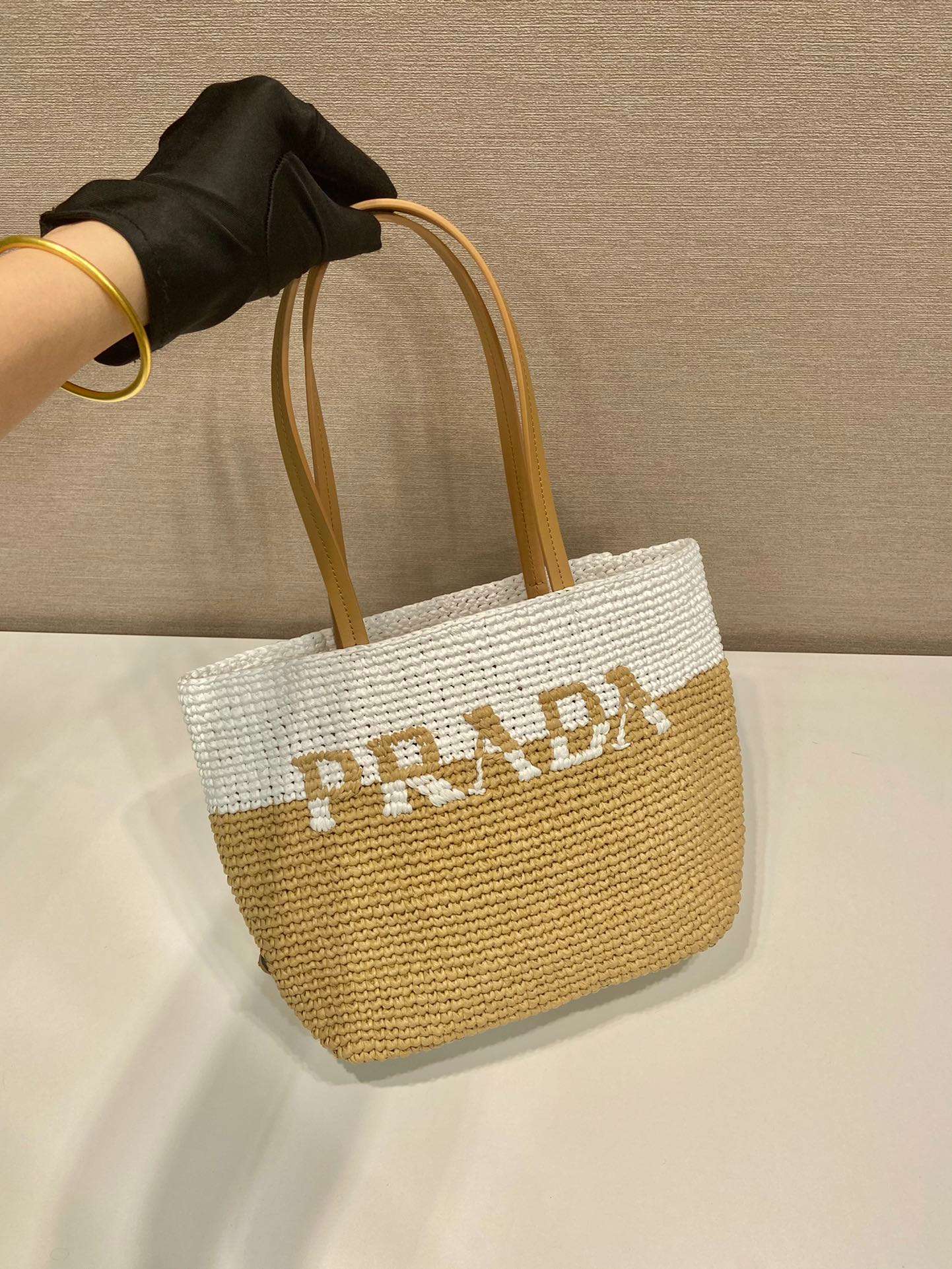 Pra*a Raffia Tote Bag Beige For Women 9.1in/23cm