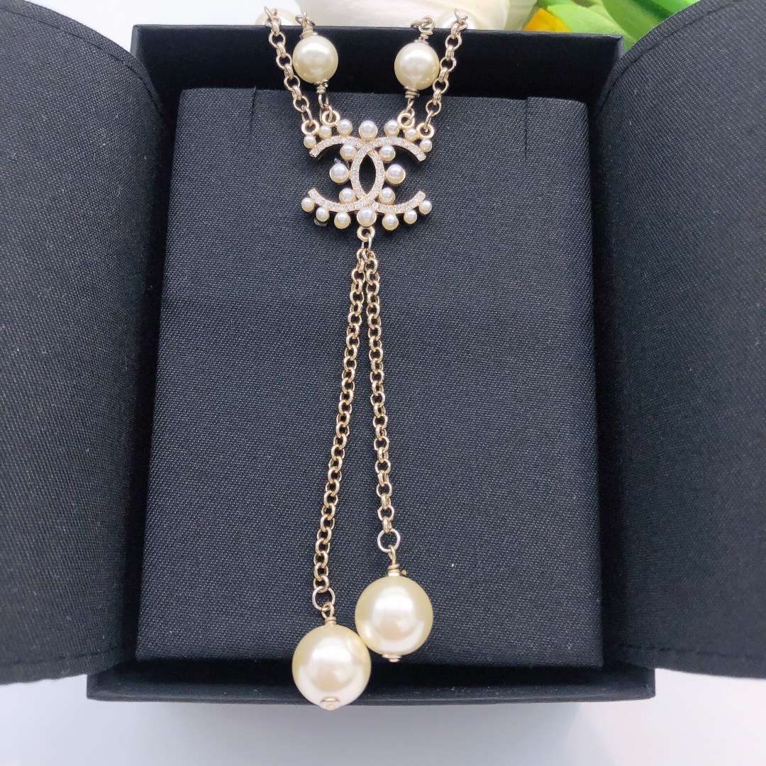 Ch**el Pearl Double C Rice Beads Large And Small Necklace Gold For Women